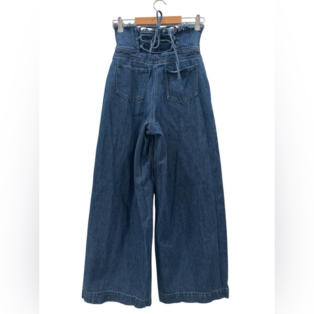 Emoda High-Waist Wide-Leg Lace-Up Back Dark Blue Denim Jeans - Picture 1 of 5